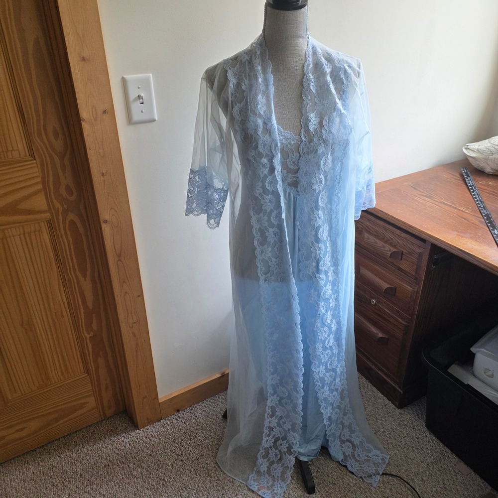 Kayser Vintage Blue Lace Nightgown Robe Set Coquette Soft Girl Peignoir Medium